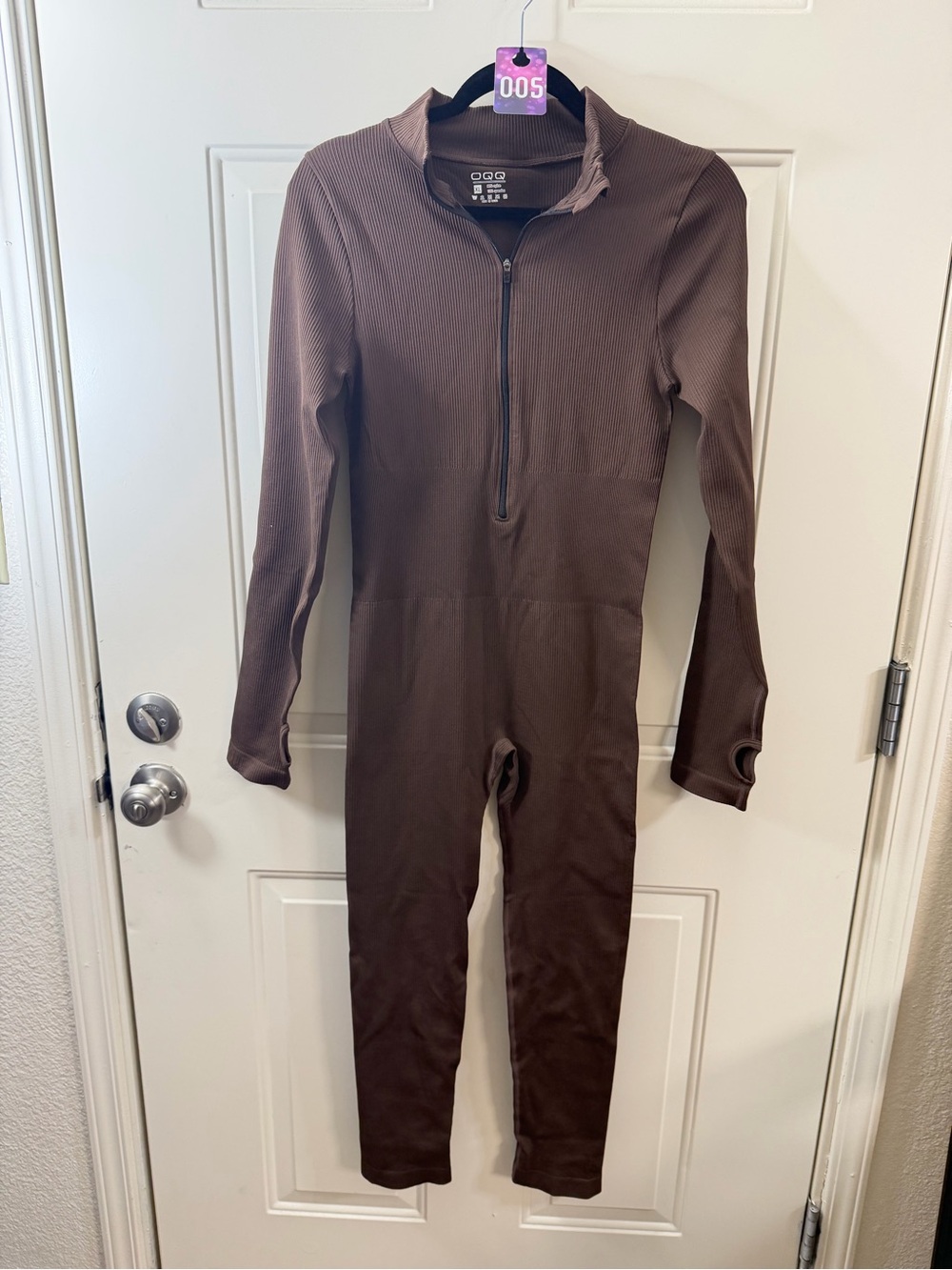 OQQ Ribbed Jumpsuit Women’s XL Brown Half Zip Long Sleeve Athleisure 005